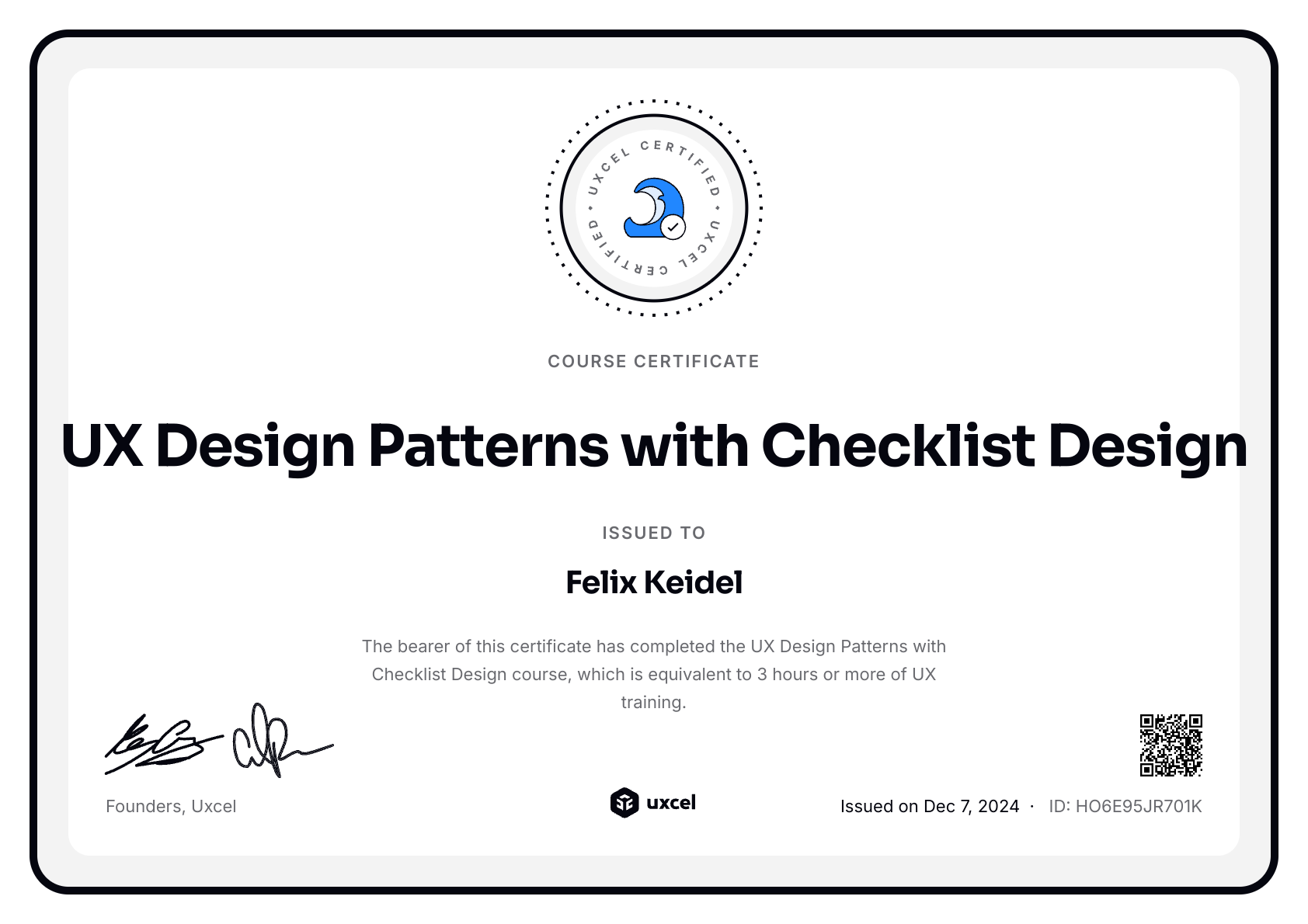 Felix Keidel's certificate